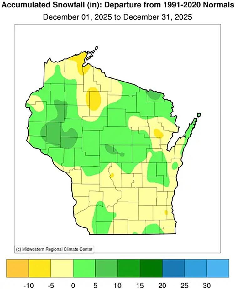 Figure 4b. December accumulated-snowfall departure from normal is calculated. Despite the large snowfall totals seen in northern Wisconsin, many counties still fell short for the month by as much as 10 inches. West-central, central and northeastern Wisc...