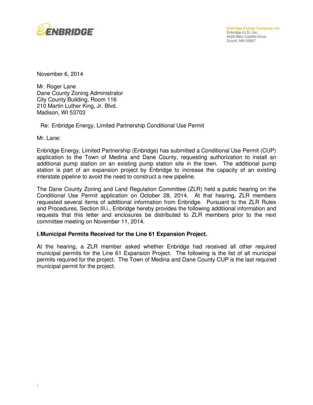Nov. 6 letter from Enbridge