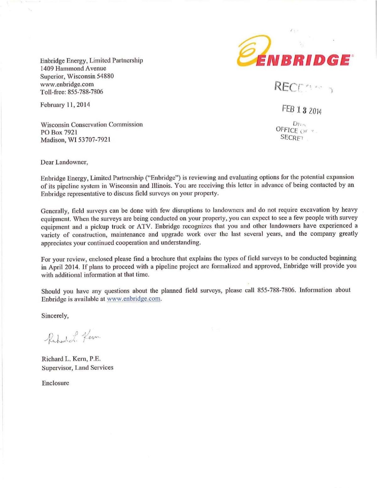 Enbridge 2014 letter to landowner on Line 66 survey
