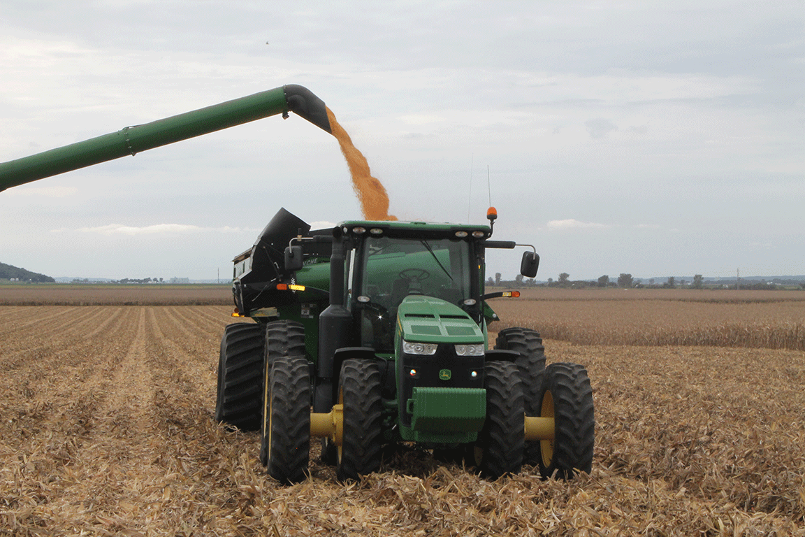 harvest field tractor receiving corn