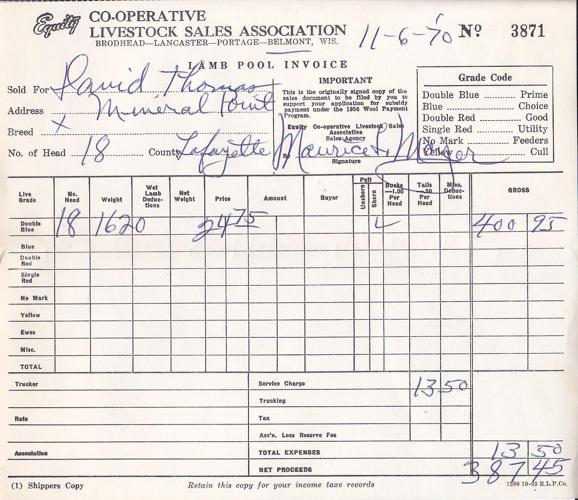 Receipt from lamb sales in 1970