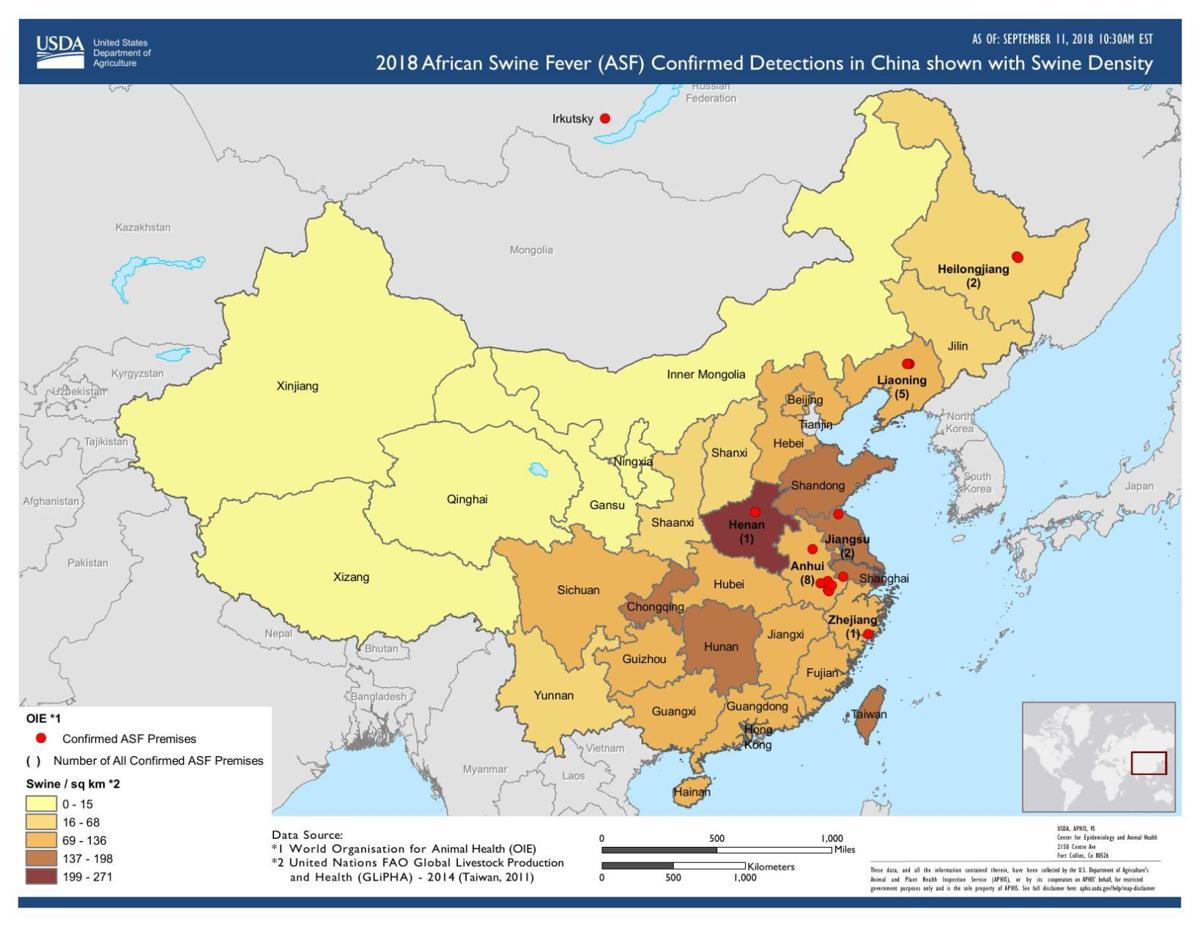 African swine fever in China as of Sept. 11, 2018