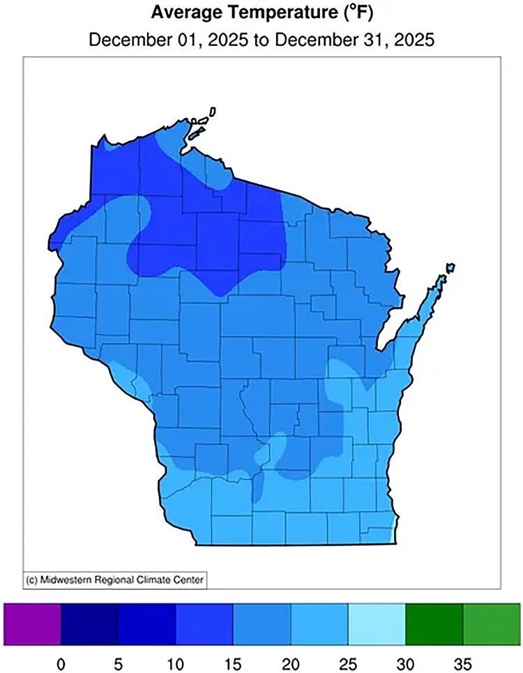 Figure 2a. December average temperature is shown in degrees Fahrenheit. Average temperatures ranged from 10 to 15 degrees in northern Wisconsin to 20 to 25 degrees across southern, west-central, and east-central Wisconsin.