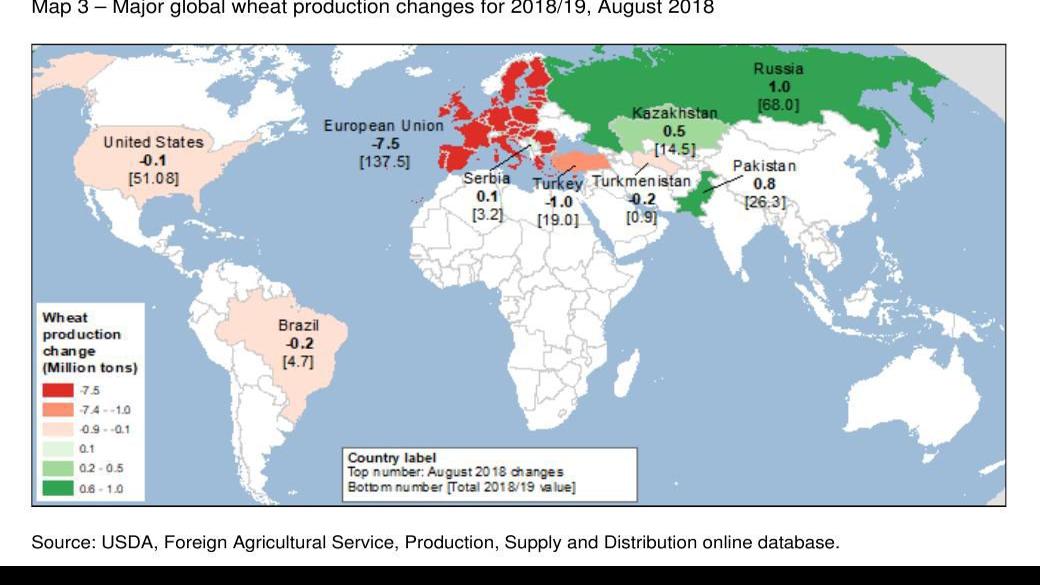 Map 3 Major global wheat production changes for 2018/19, August 2018