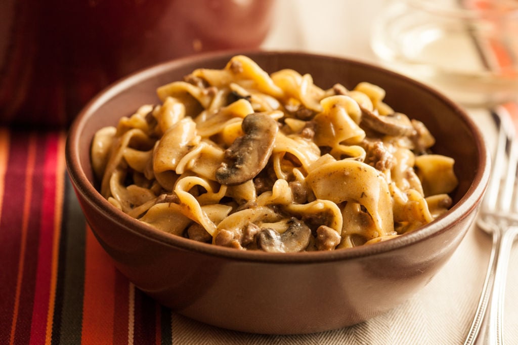 Beef stroganoff and poppy seed noodles