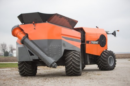 Rear view of Tribine shows the articulated steering of the rear grain tank unit