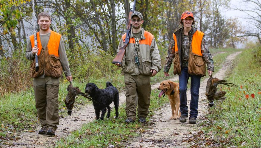 Hunters with pheasants and dogs