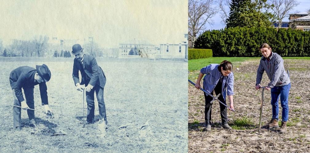 Recreation of taking soil samples at Morrow Plots