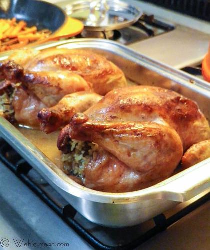 Cornish game hens with cheesy rice stuffing
