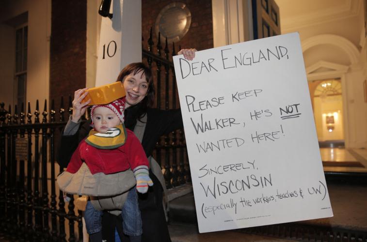 Madison woman living in London protests Gov. Scott Walker's policies