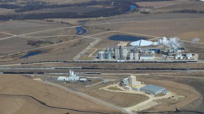 Aerial view farmland and industrial