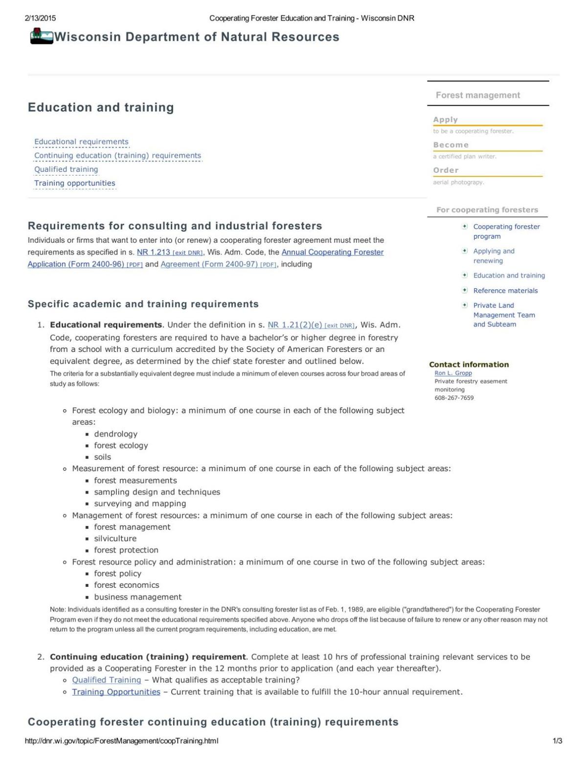 Education requirements for DNR cooperating foresters
