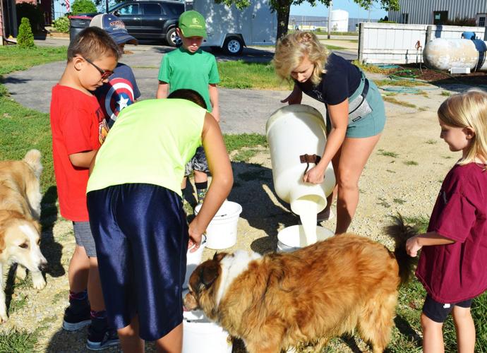 Daluge Farm Camp kids preparing milk pails to feed calves