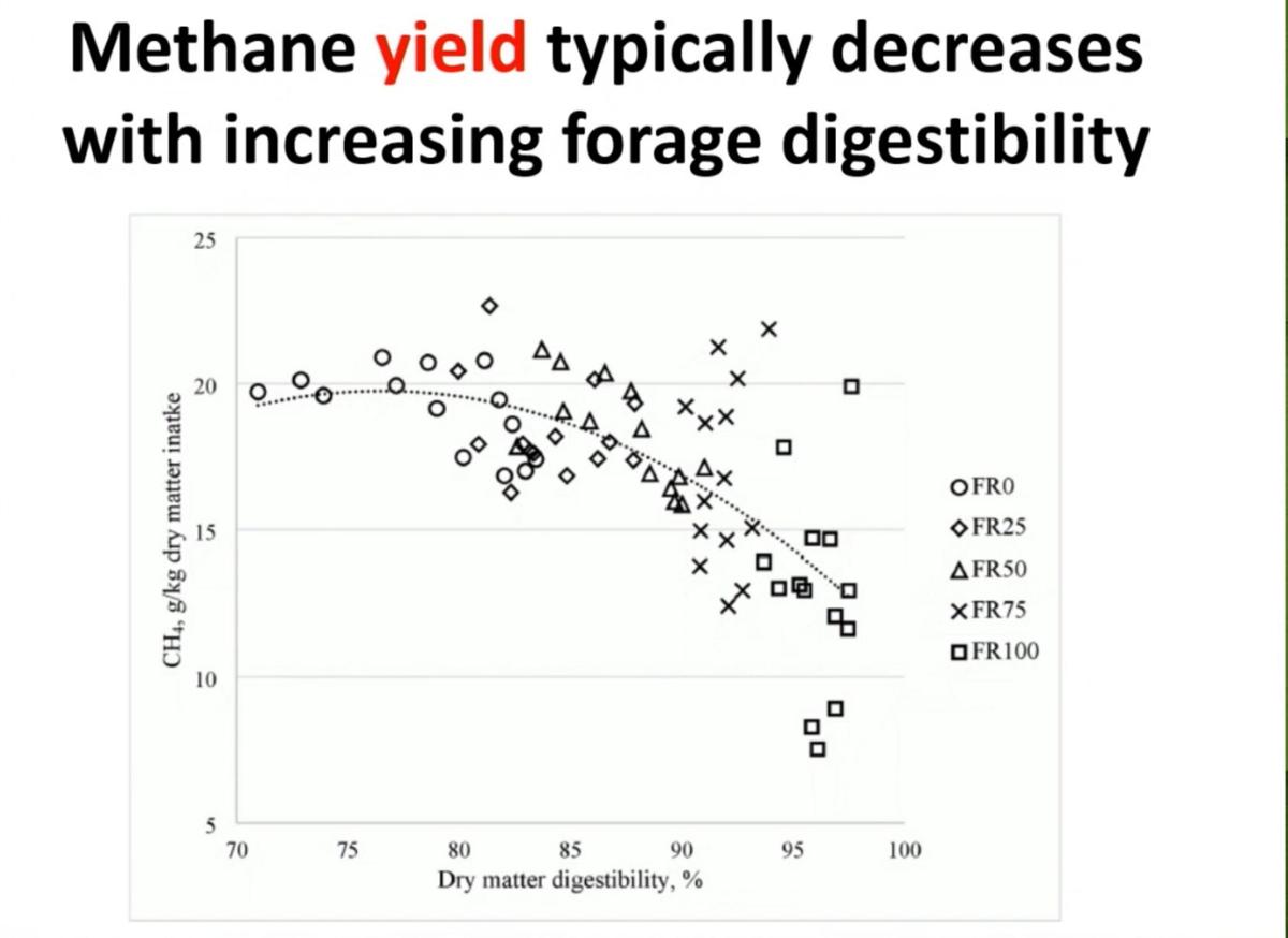 Methane yield decreases with increasing forage digestibility