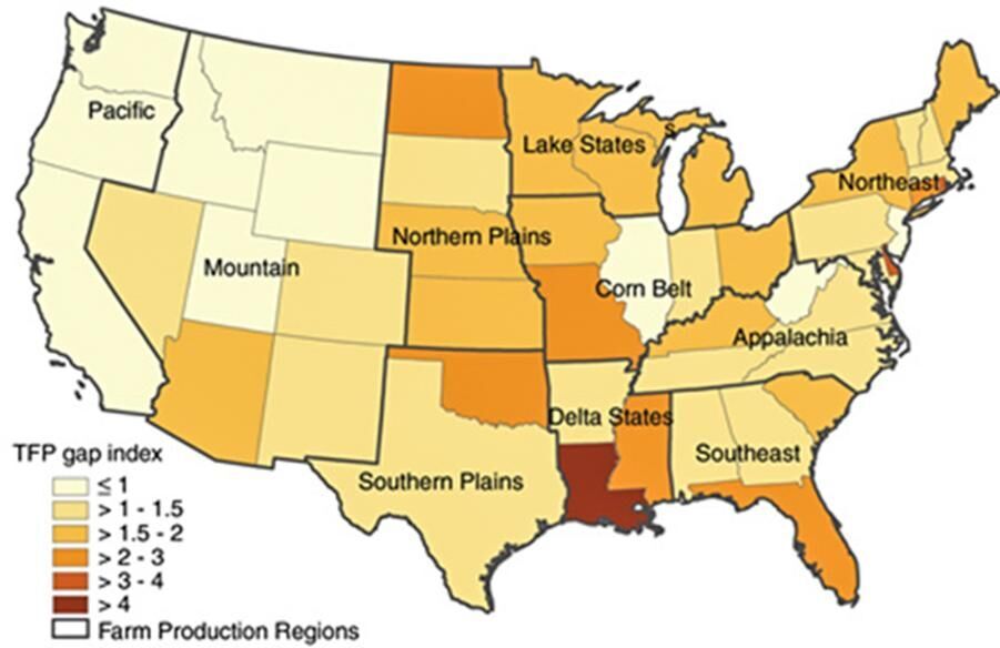 Figure 8. Potential effects of a 2-degree Celsius increase in temperature and a 1-inch decrease in precipitation on agricultural productivity by state