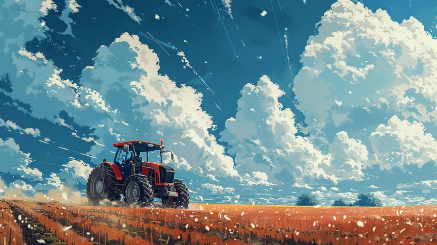 Stylized tractor in field with clouds