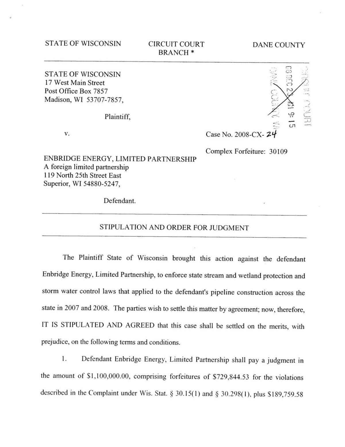Enbridge 2008 Wisconsin environmental fines
