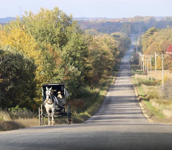 Amish buggy with long view of road