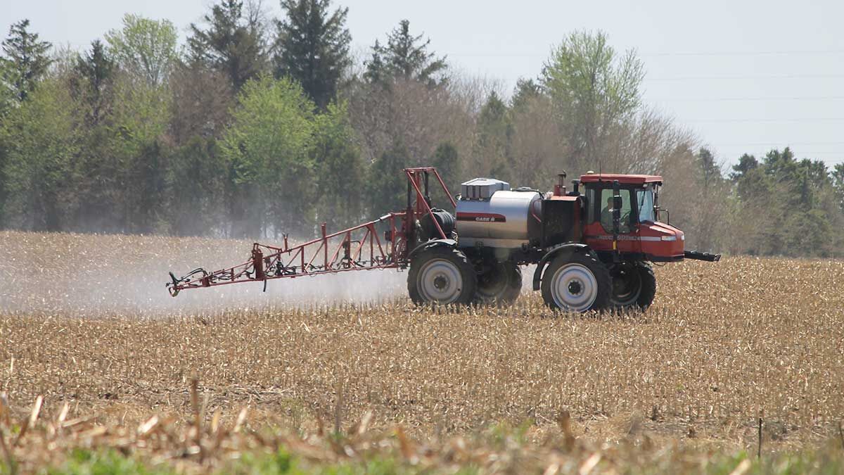 Farmer spraying field late spring