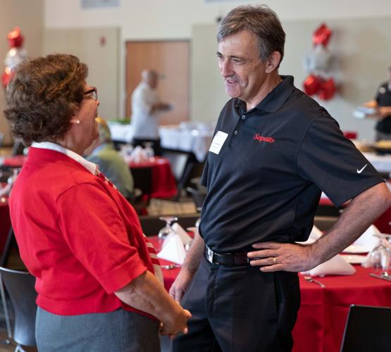 UW–Madison Chancellor Rebecca Blank chats Sept. 7 with Kevin Sweeney