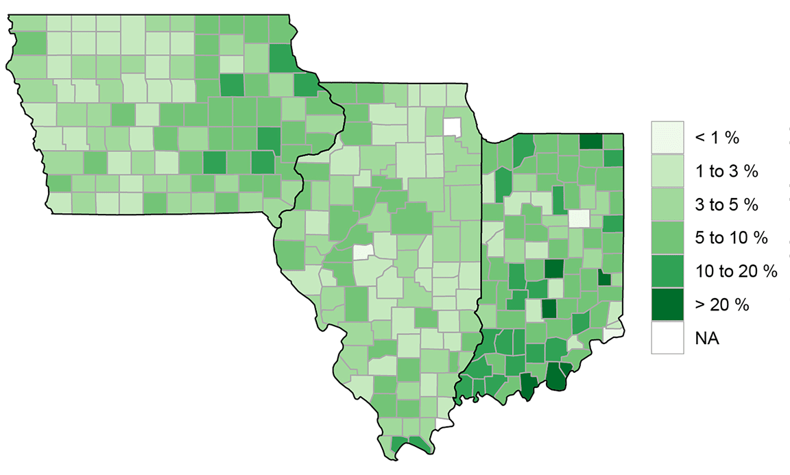 Rate of adoption of cover crops by county