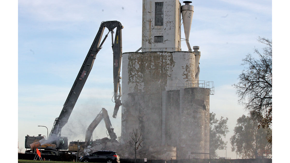 demolition of concrete feed mill near the University of Illinois