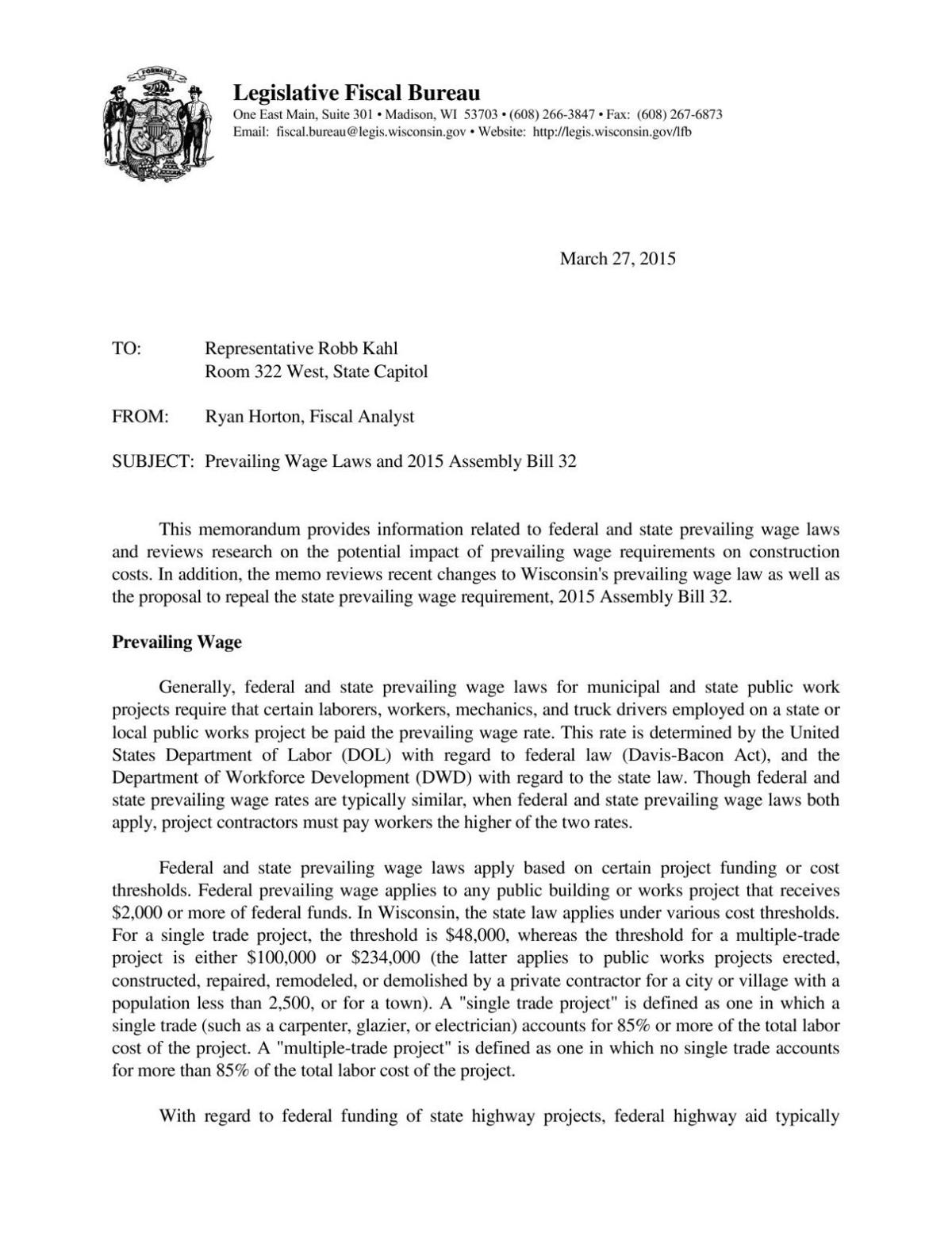 Legislative Fiscal Bureau prevailing wage memo