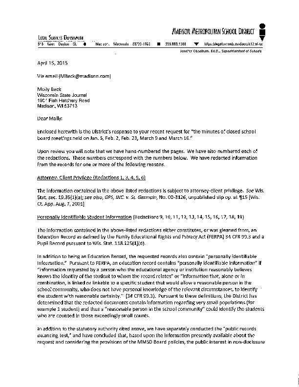 Madison School Board closed meeting minutes 2015