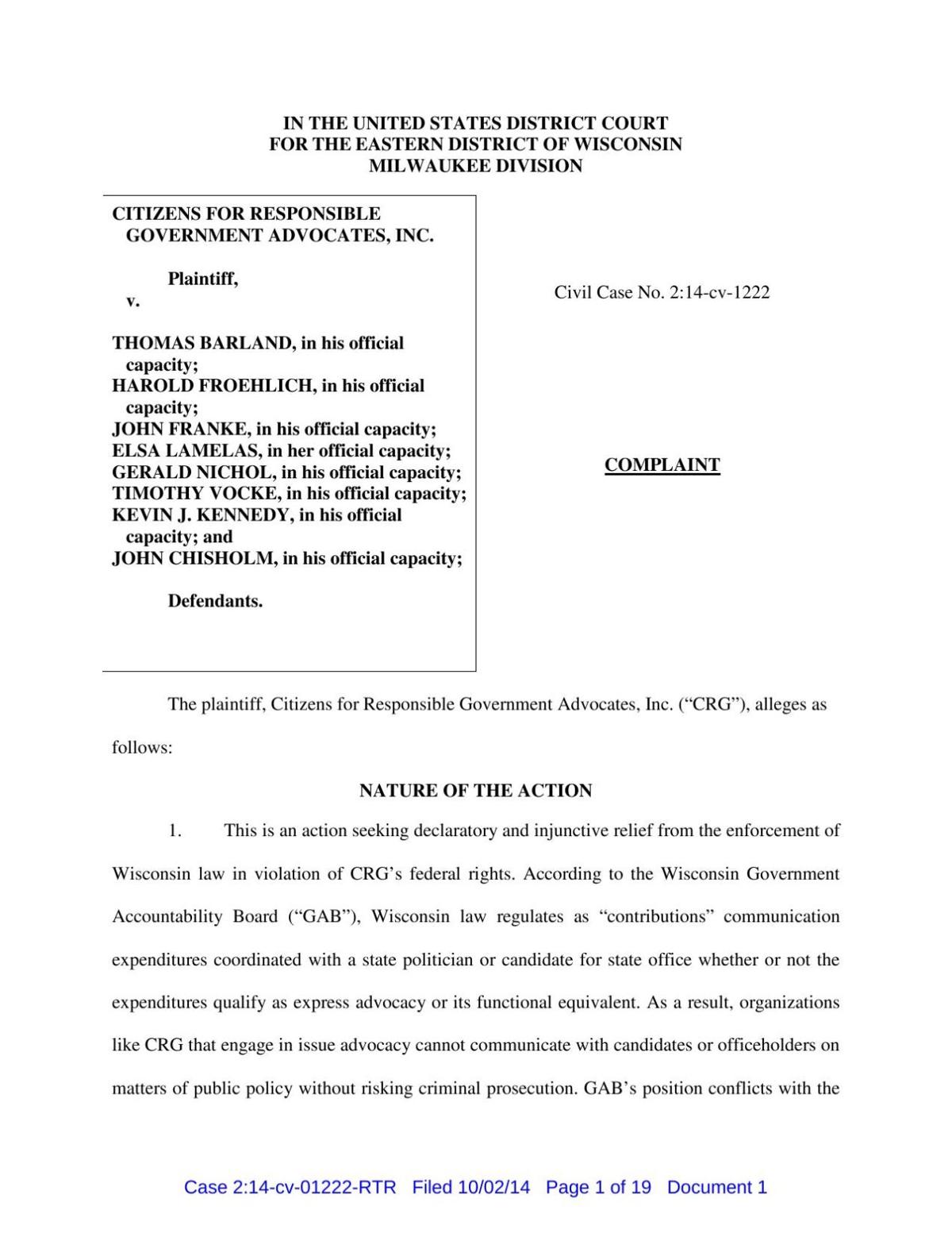 Citizens for Responsible Government Advocates complaint