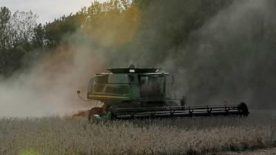 Sam Spellman combine through a field of soybeans