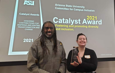 Dr. Neal Lester of Ahwatukee and Rachel Sondgeroth show off the Cataluyst Award they received at Arizona State University for Project Humanities, for which Lestder is founding director and Sondergoth is coordinator. She began six years ago as a high sch...