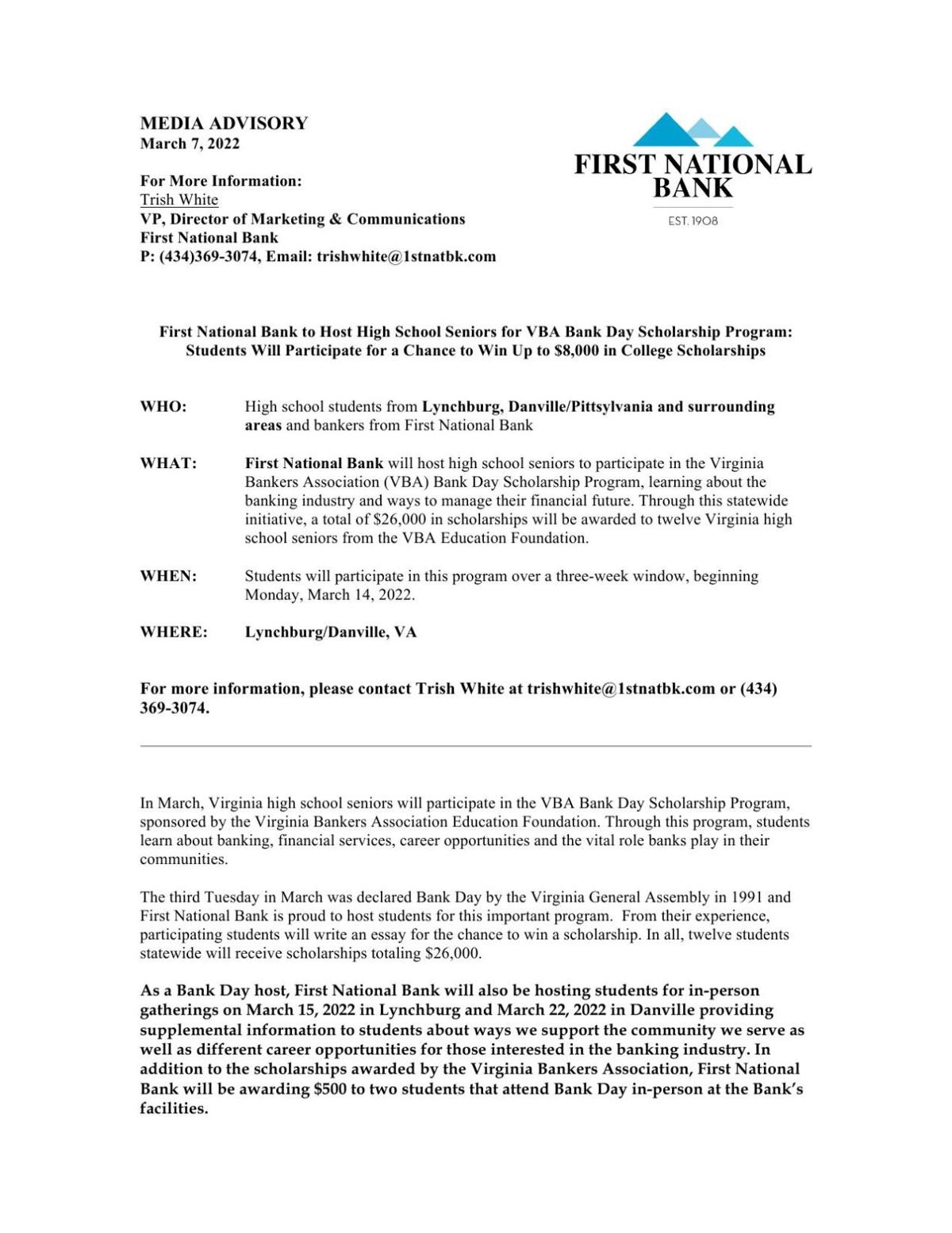 First National Bank to Host High School Seniors for VBA Bank Day