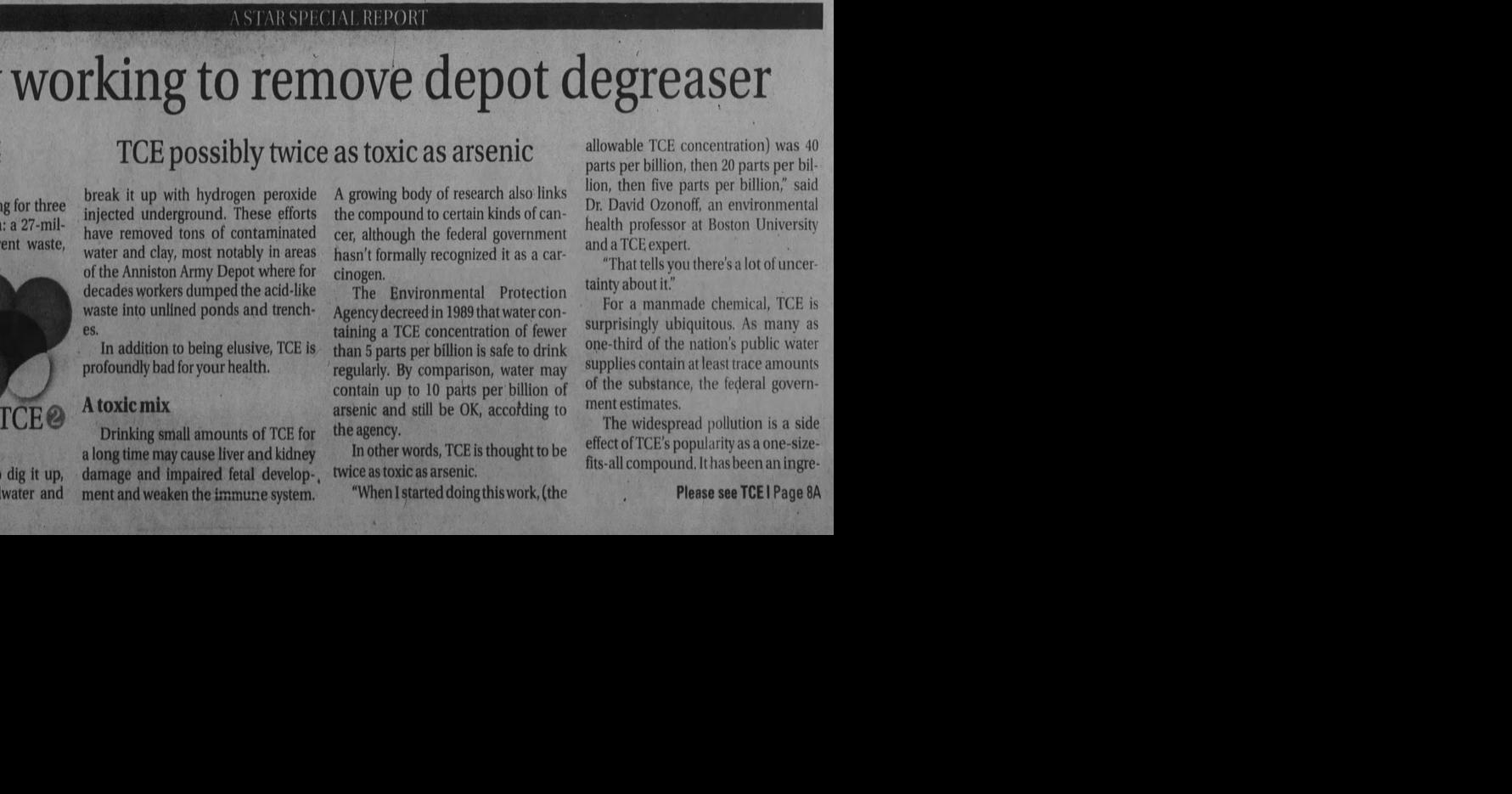 Army working to remove depot degreaser: TCE possibly twice as toxic as ...