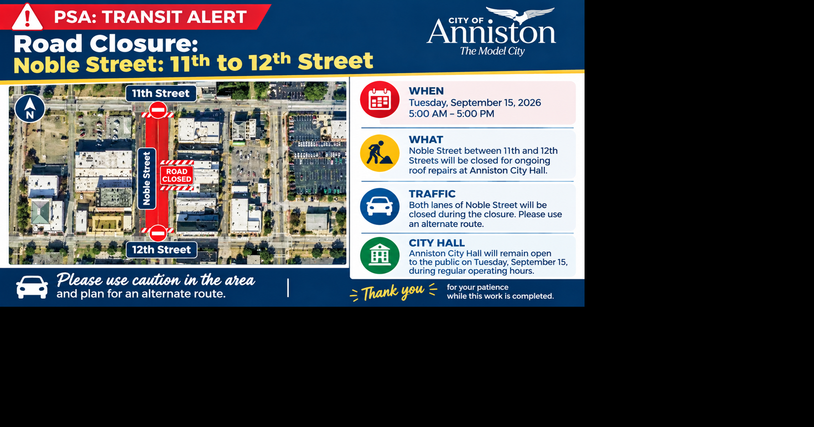 Noble Street to close Tuesday for City Hall roof work
