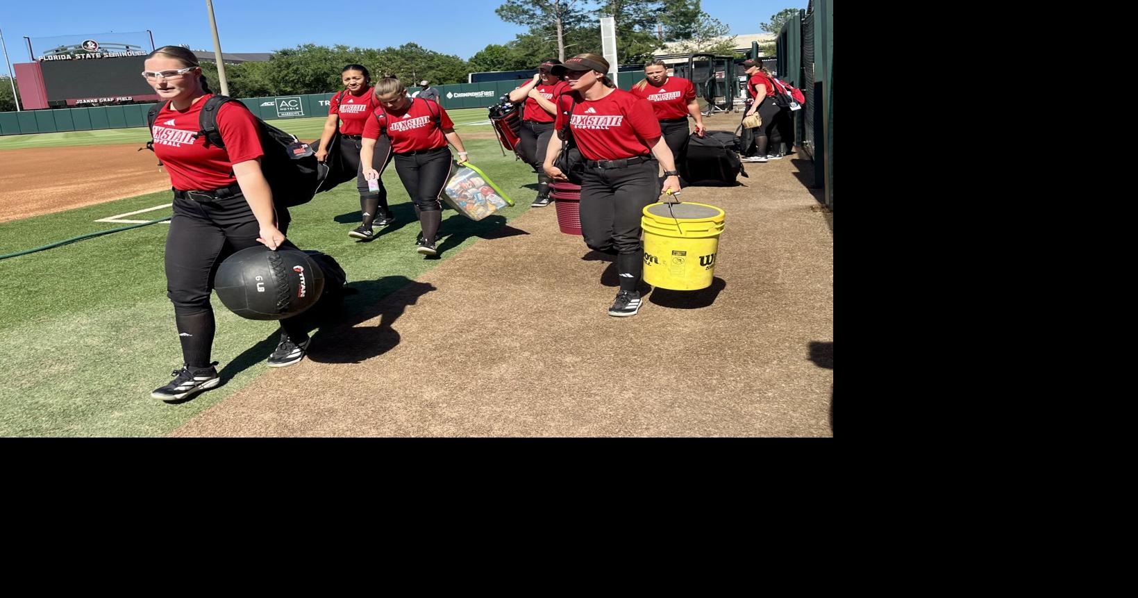 GETTING TO WORK: Jax State softball looks focused in practice at regional site