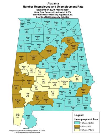 Alabama unemployment map Sept 2020