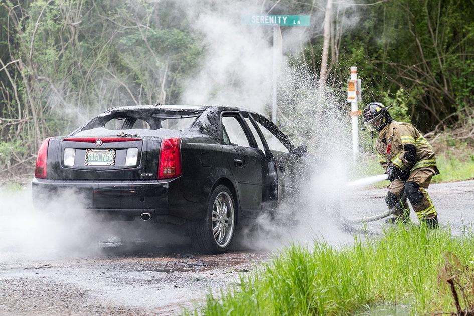 Cadillac destroyed in fire this afternoon; driver uninjured (photo