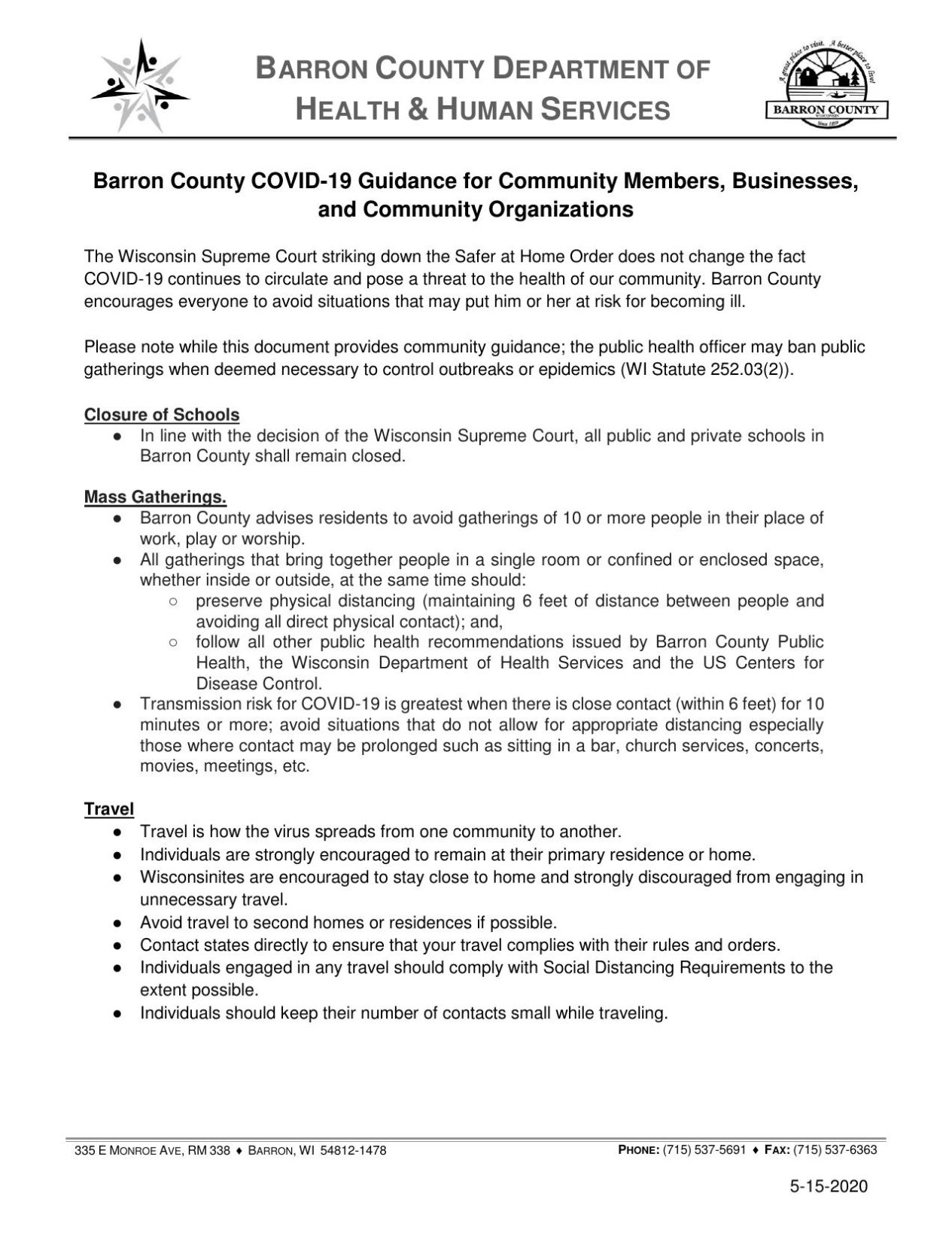 Barron County issues COVID19 guidelines Covid19