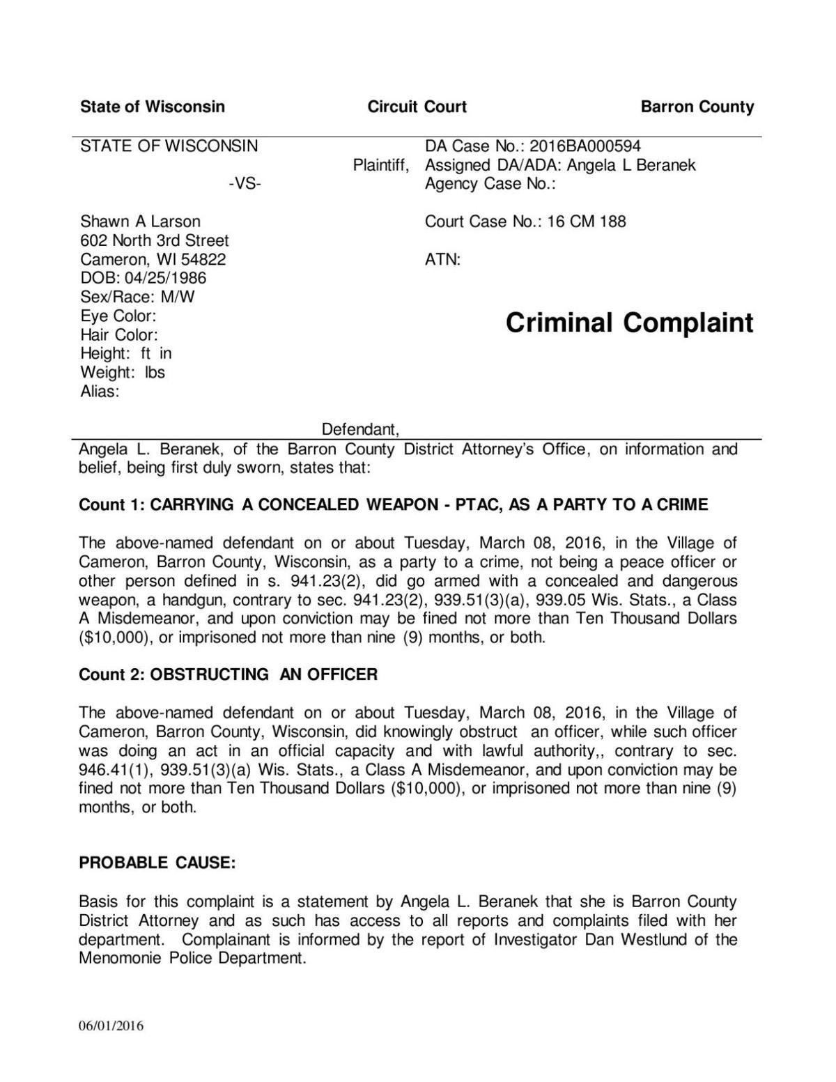 Shawn A. Larson criminal complaint
