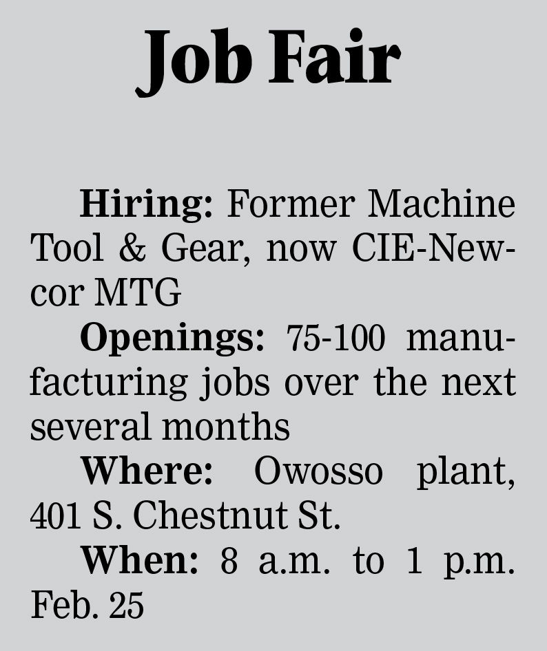 CIENewcor MTG offering job fair, 75100 new jobs Owosso argus