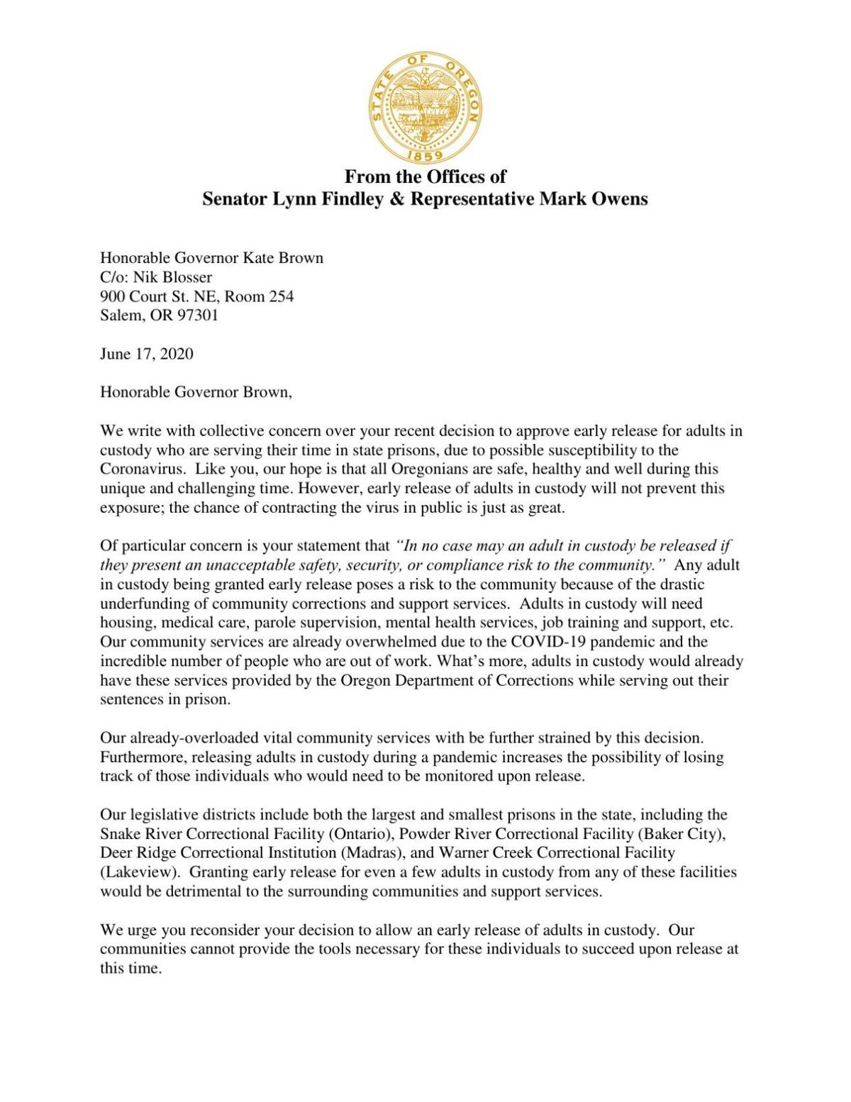 Sen. Lynn Findley and Rep. Mark Owens letter to Gov. Brown
