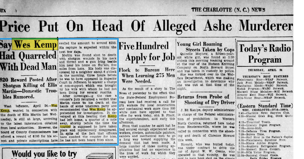 The Great Ashe County Murder Mystery of 1930 Community