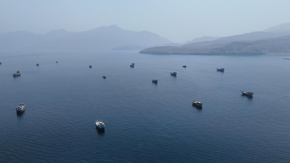 FILE PHOTO: A drone view shows vessels near the Strait of Hormuz, as seen from Musandam