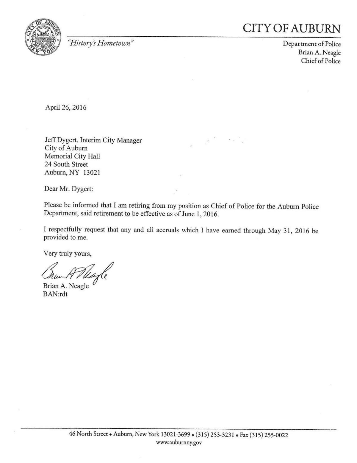 Auburn Police Chief Brian Neagle's retirement letter (April 26, 2016