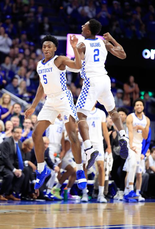 Kentucky's Immanuel Quickley (5) and Ashton Hagans (2) celebrate during a game against Vanderbilt at Rupp Arena in Lexington, Ky., on January 12, 2019. (Andy Lyons/Getty Images/TNS) **FOR USE WITH THIS STORY ONLY**