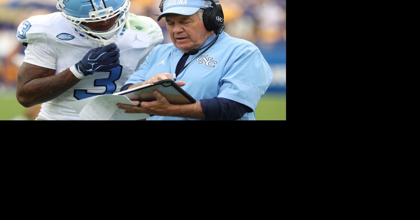 Oct 10, 2026; Pittsburgh, Pennsylvania, USA;  *North Carolina Tar Heels defensive back Ade Willie (3) talks with North Carolina Tar Heels head coach Bill Belichick (right) during the fourth quarter against the Pittsburgh Panthers at Acrisure Stadium.  Mand