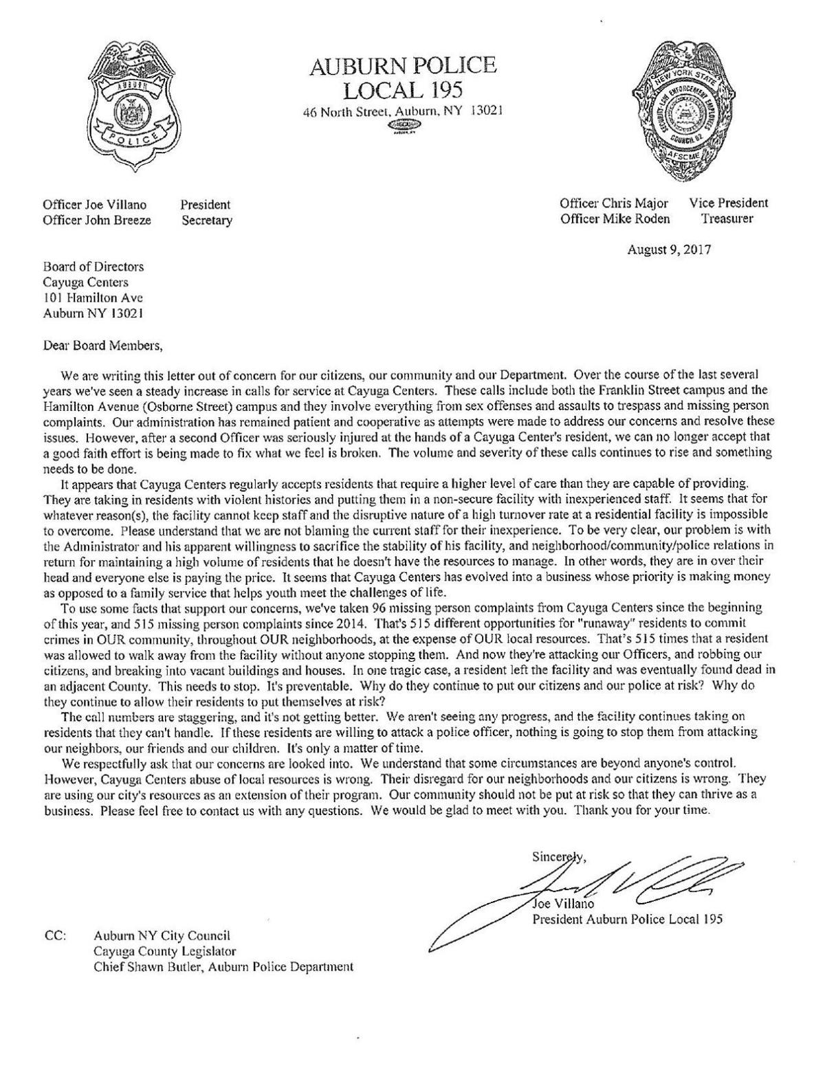 Auburn Police Union Speaks Out About Safety Concerns At Cayuga