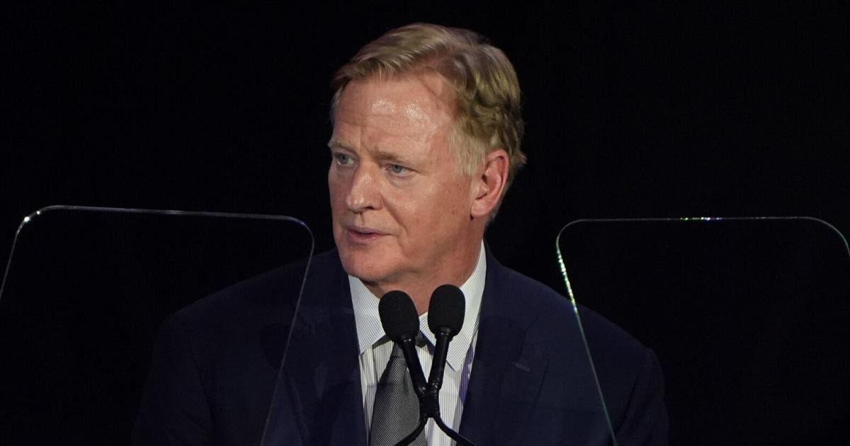 NFL Commissioner Roger Goodell speaks at the Gold Jacket Dinner at the Canton Memorial Civic Center, Aug. 7, 2026.