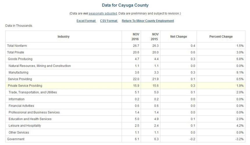 Cayuga County private sector jobs grow in November