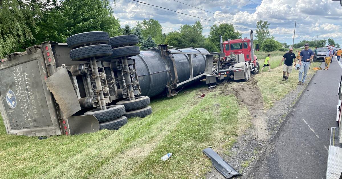 Threevehicle accident involving tractor trailer closes Route 34 in Genoa(01)